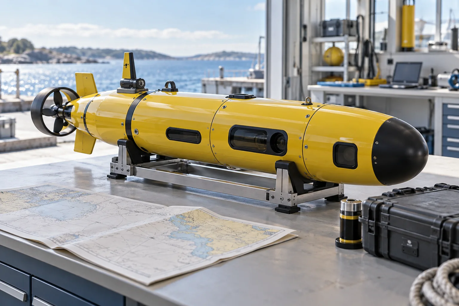 AI illustration: A generic yellow underwater survey vehicle in a workshop cradle beside a nautical chart and instrument case.