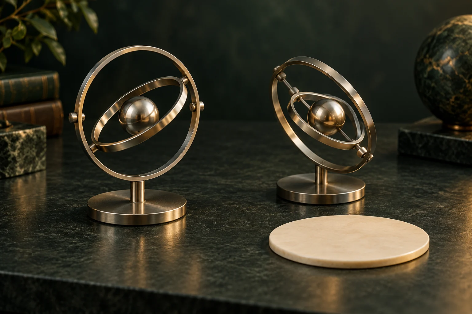 AI illustration: Two simple educational gyroscope models with plain metal centres beside a flat reference disc on a research desk.