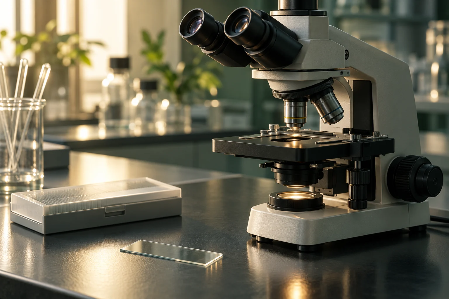 AI illustration: A microscopy workstation with an unmarked glass specimen slide and a closed slide box under soft laboratory lighting.