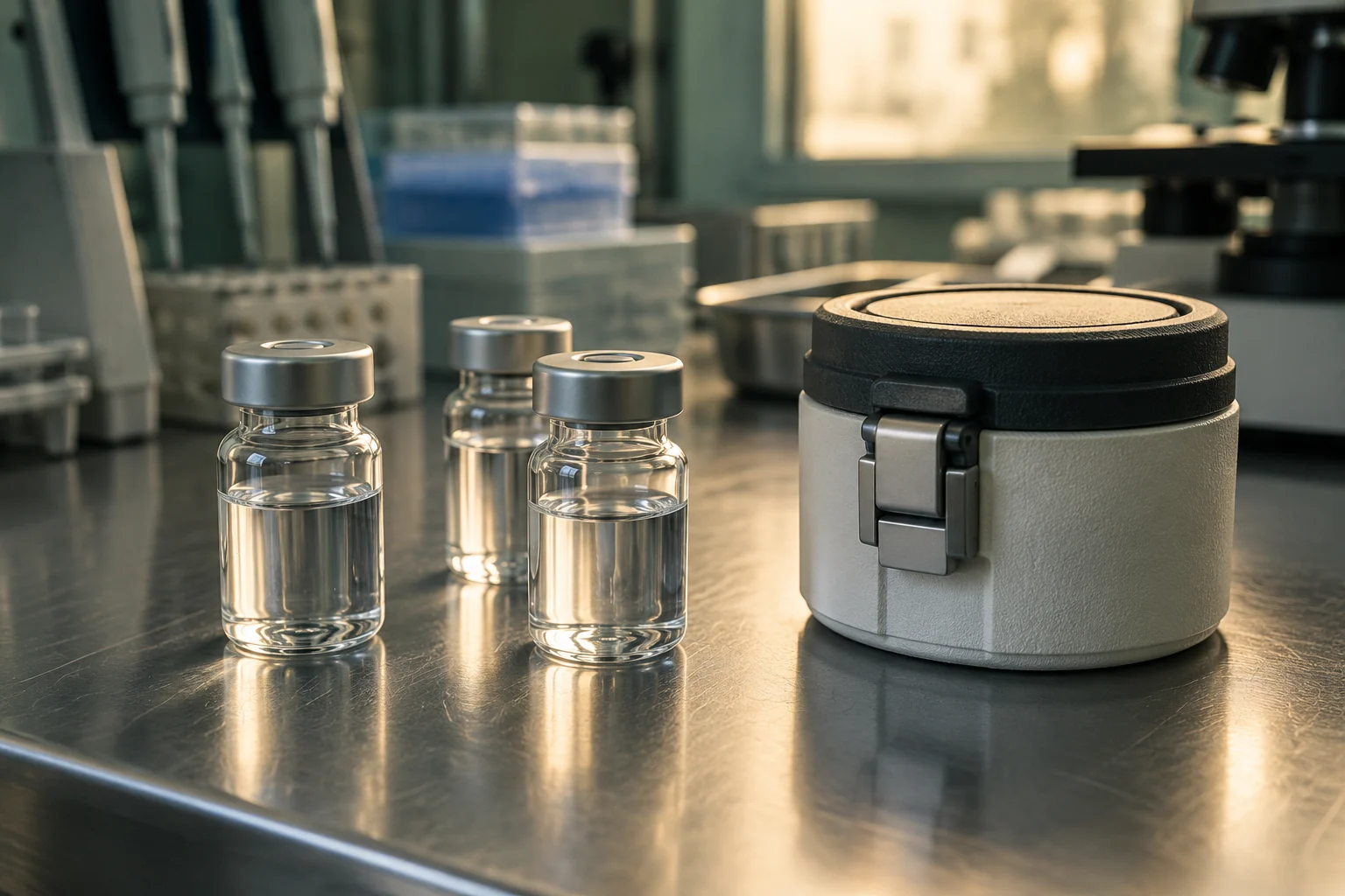 AI illustration: Unmarked glass sample vials beside an insulated specimen holder on a cryobiology laboratory bench.