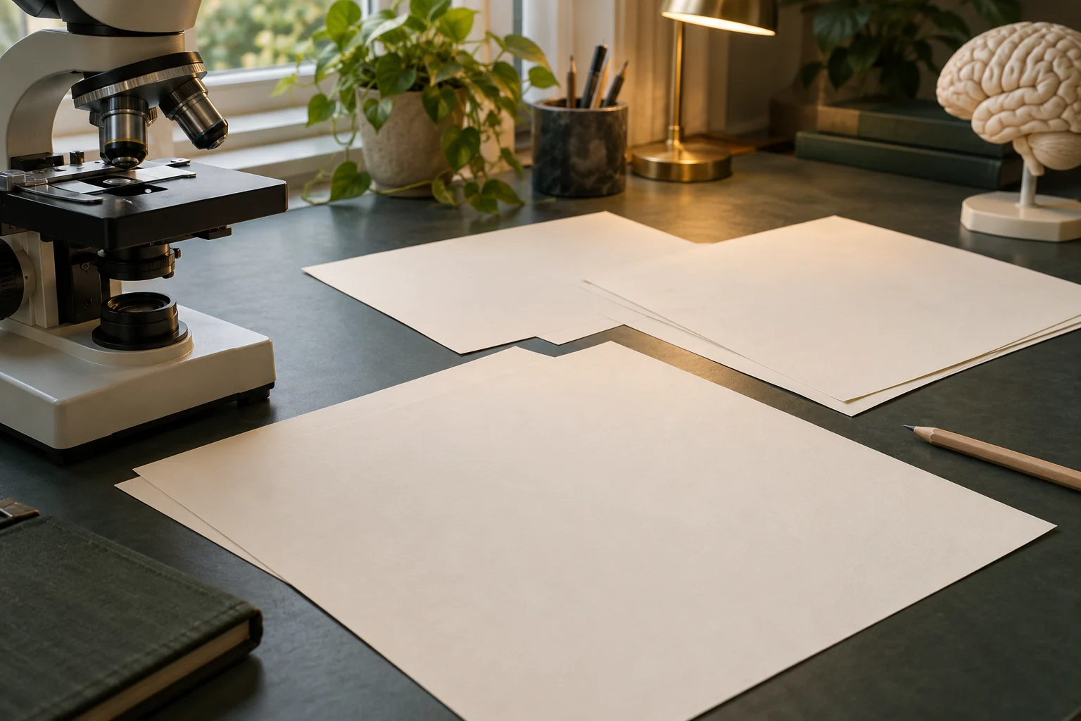 AI illustration: Blank research papers beside an optical microscope and the edge of an anatomical teaching model in a research office.