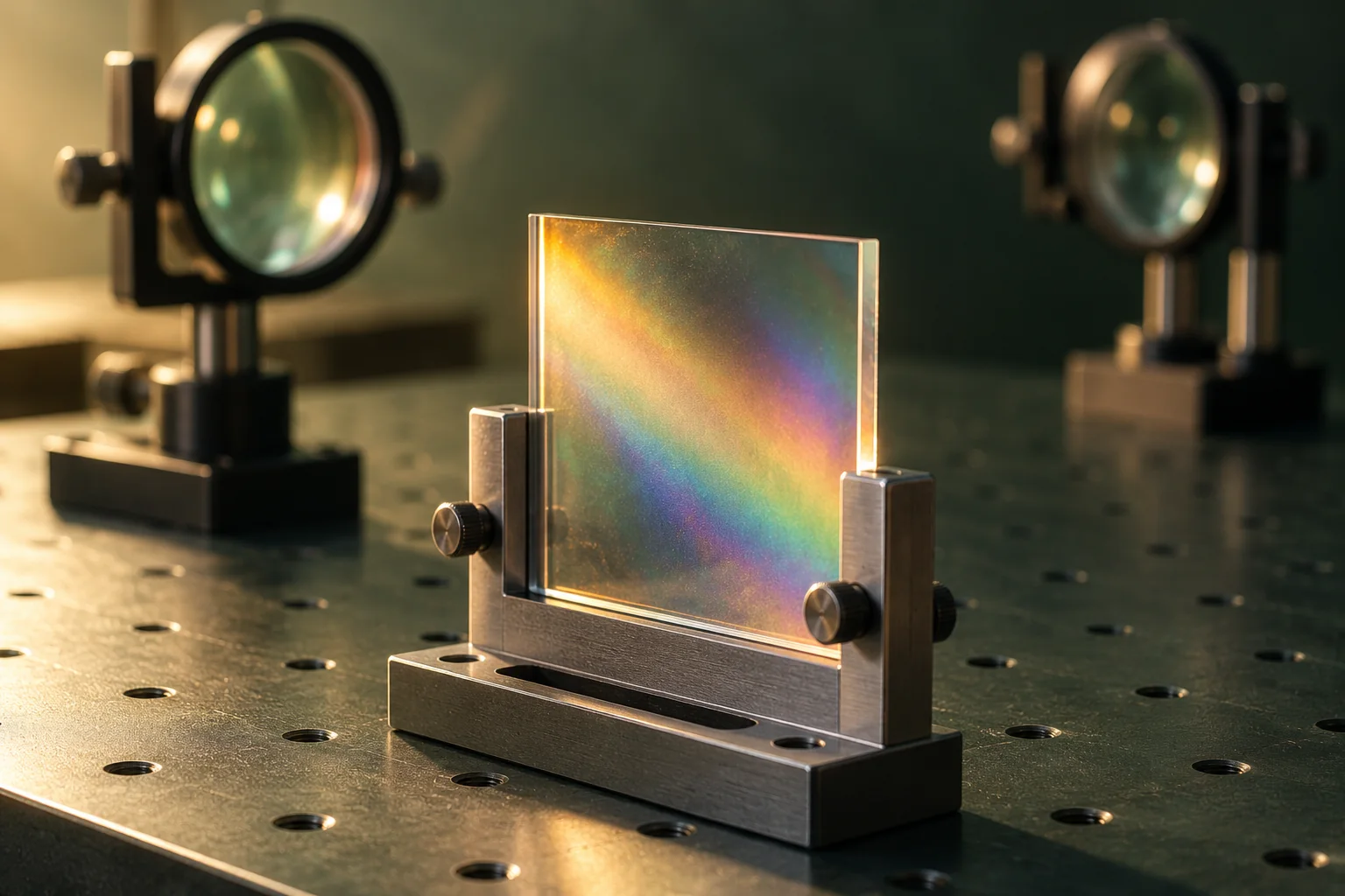 AI illustration: A small glass optical plate catching rainbow colours in a metal mount on a laboratory optics bench.