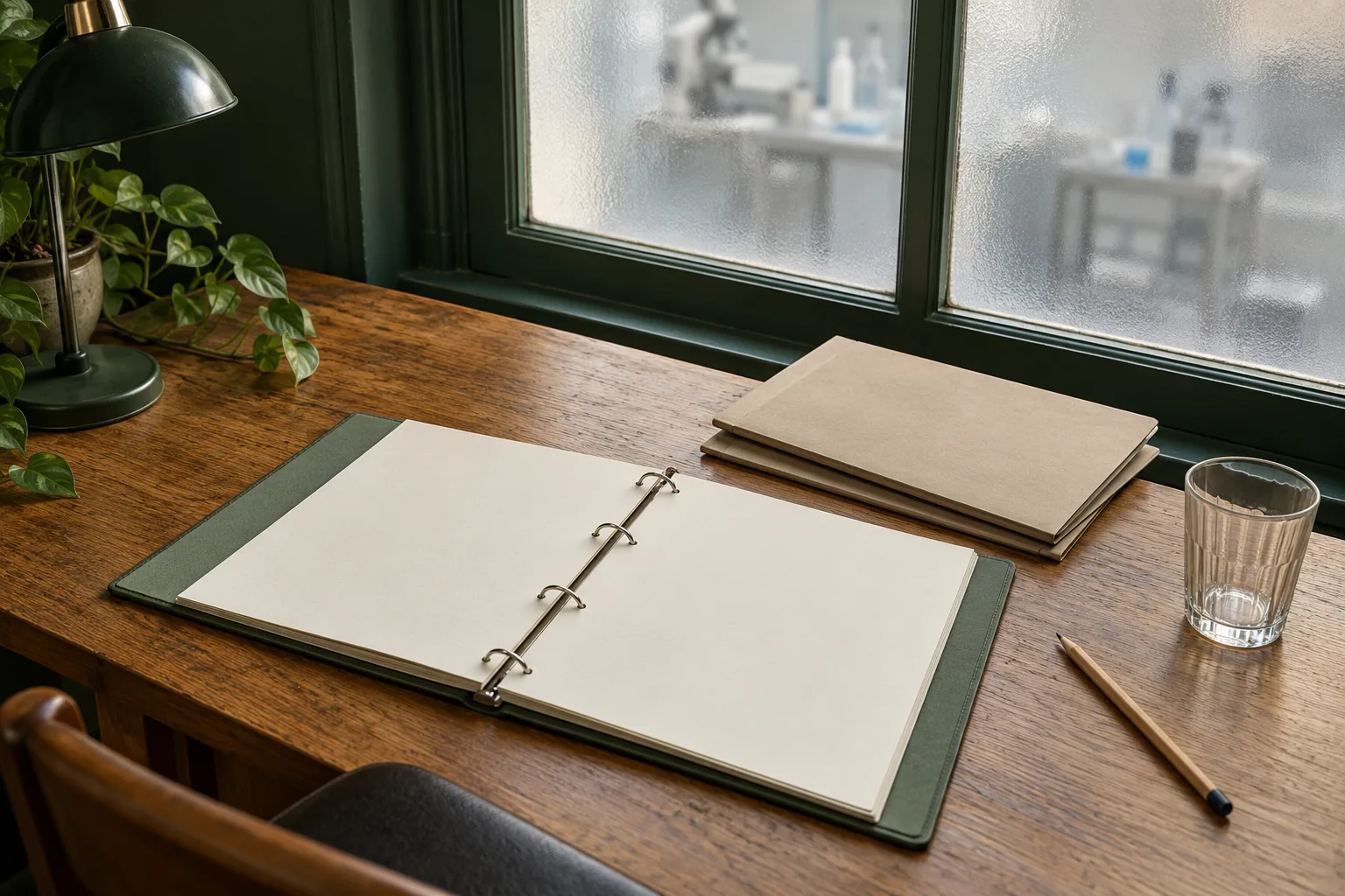 AI illustration: A blank binder, plain folders and a pencil on a wooden desk beside a frosted window.
