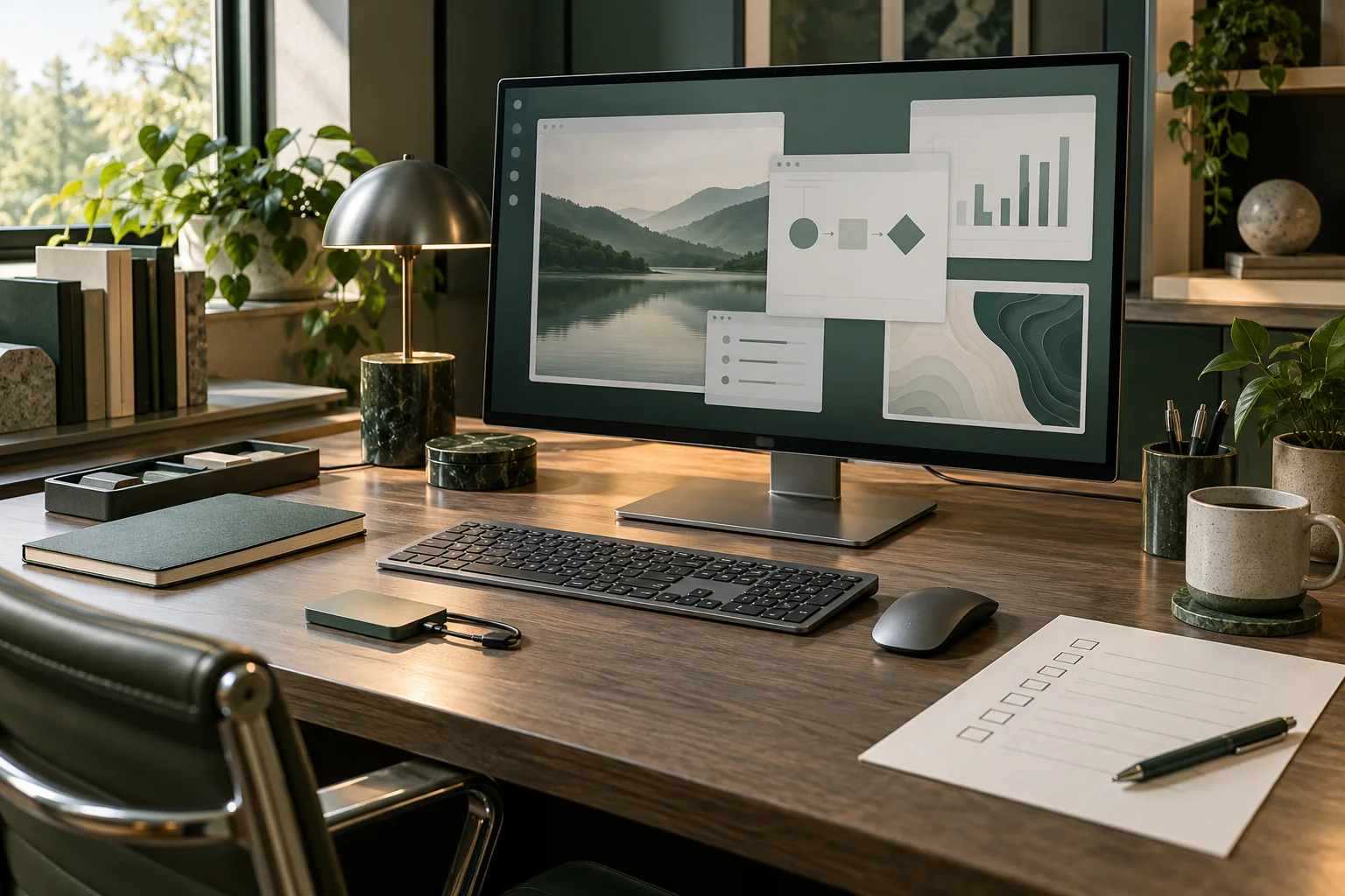 AI illustration: A desktop workstation with abstract application windows, keyboard, mouse, external drive and a blank paper checklist.