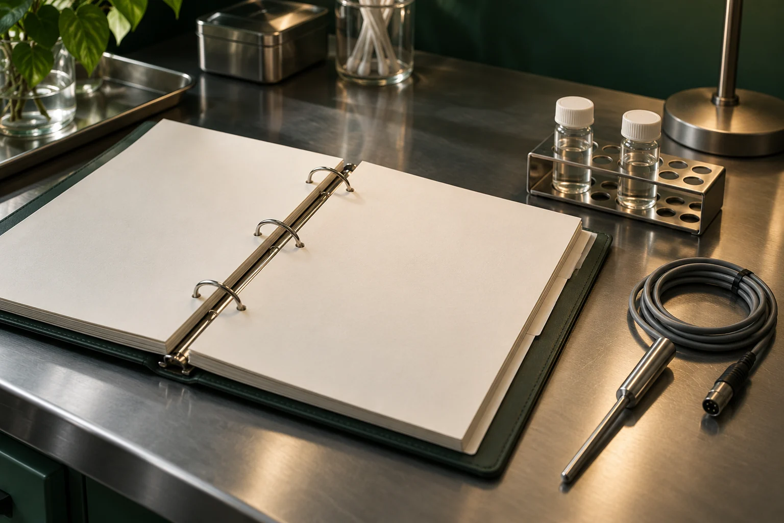 AI illustration: A blank laboratory record binder beside unmarked specimen vials and a disconnected temperature probe.